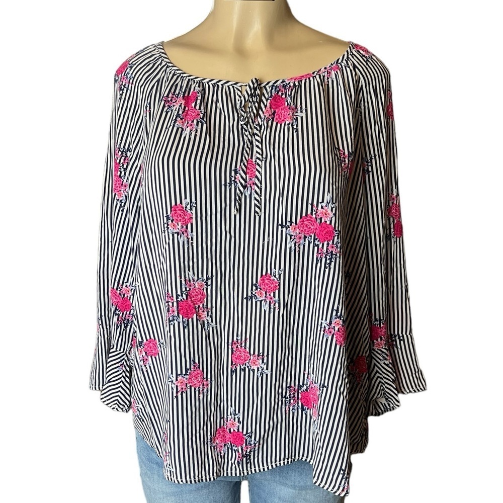 FRED DAVID Striped Black & White Tunic with Floral Print Women’s Size 1X​​​​